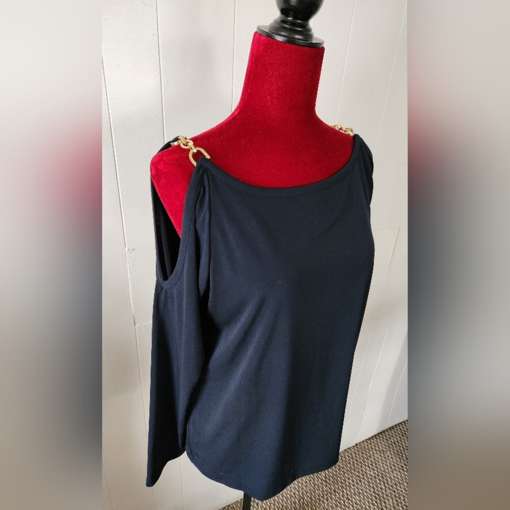 Michael Kors Navy Blouse with Cold Shoulder Gold Accents